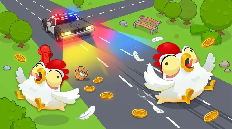 Twee cartoonkippen op een stadsweg met een politieauto en munten, artwork van Chicken Road 2